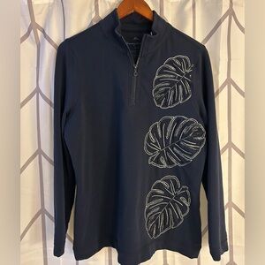 Tommy Bahama Navy Quarter Zip with Monstera Leaf Embroidery